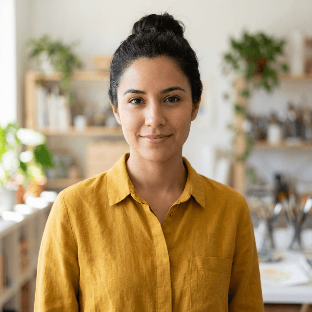 Mujer hispana sonriente en un entorno casual y luminoso