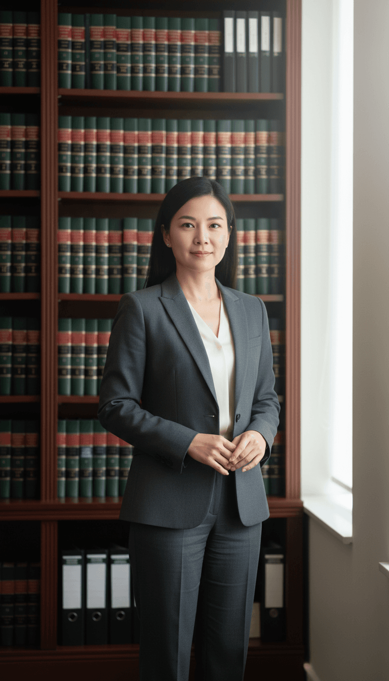 Female attorney in tailored suit standing confidently in law office with legal library bookshelf background
