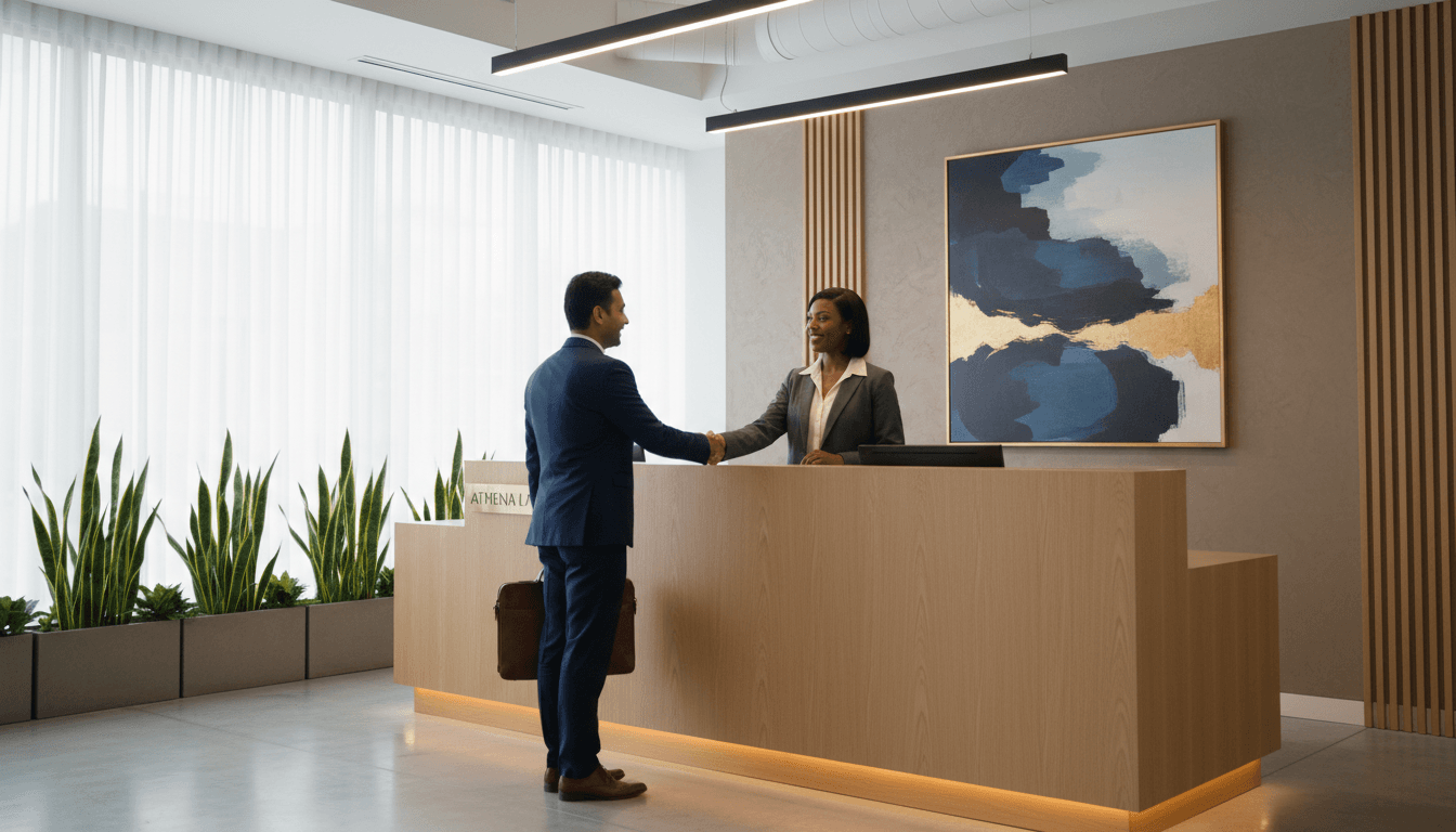 Diverse receptionist greeting client in modern law office reception area with contemporary design