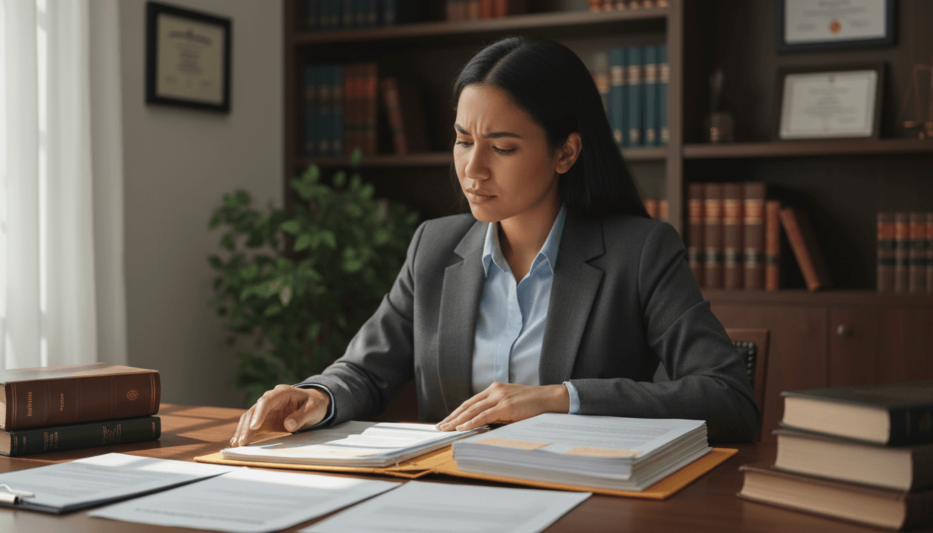 Female attorney reviewing legal documents at wooden desk in sunlit professional office with bookshelves