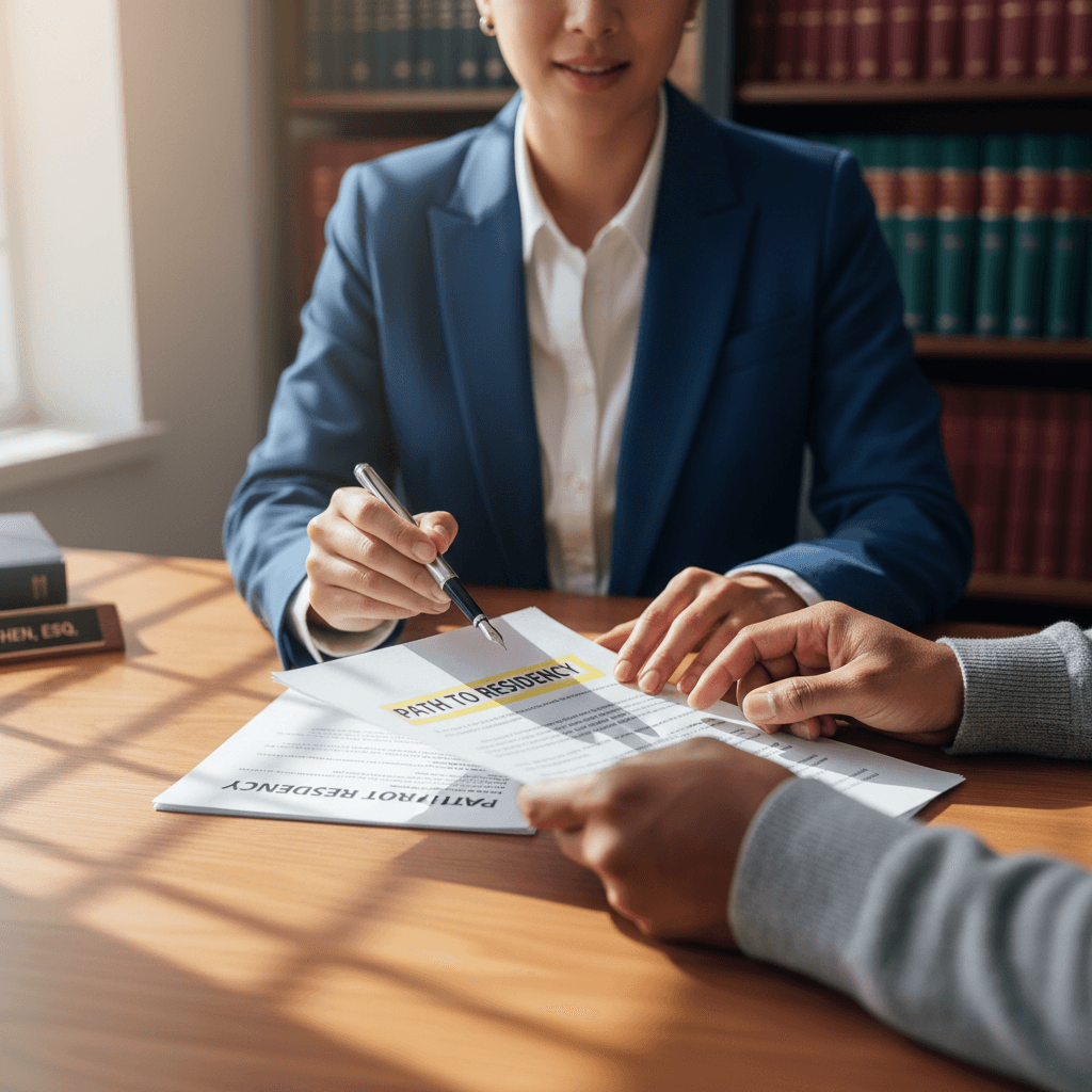 Immigration attorney reviewing legal documents with client during consultation, pointing to specific sections with a pen
